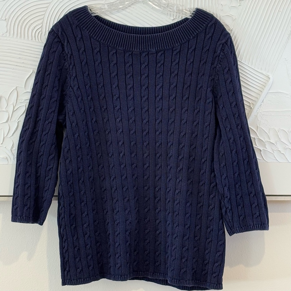 Talbots Women's Cable Knit Sweater 3/4 Sleeve SZ XL Navy Blue